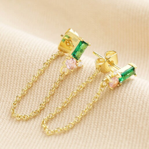 Green and Pink Crystal Chain Stud Earrings