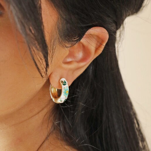 White Cloisonne Hoop Earrings