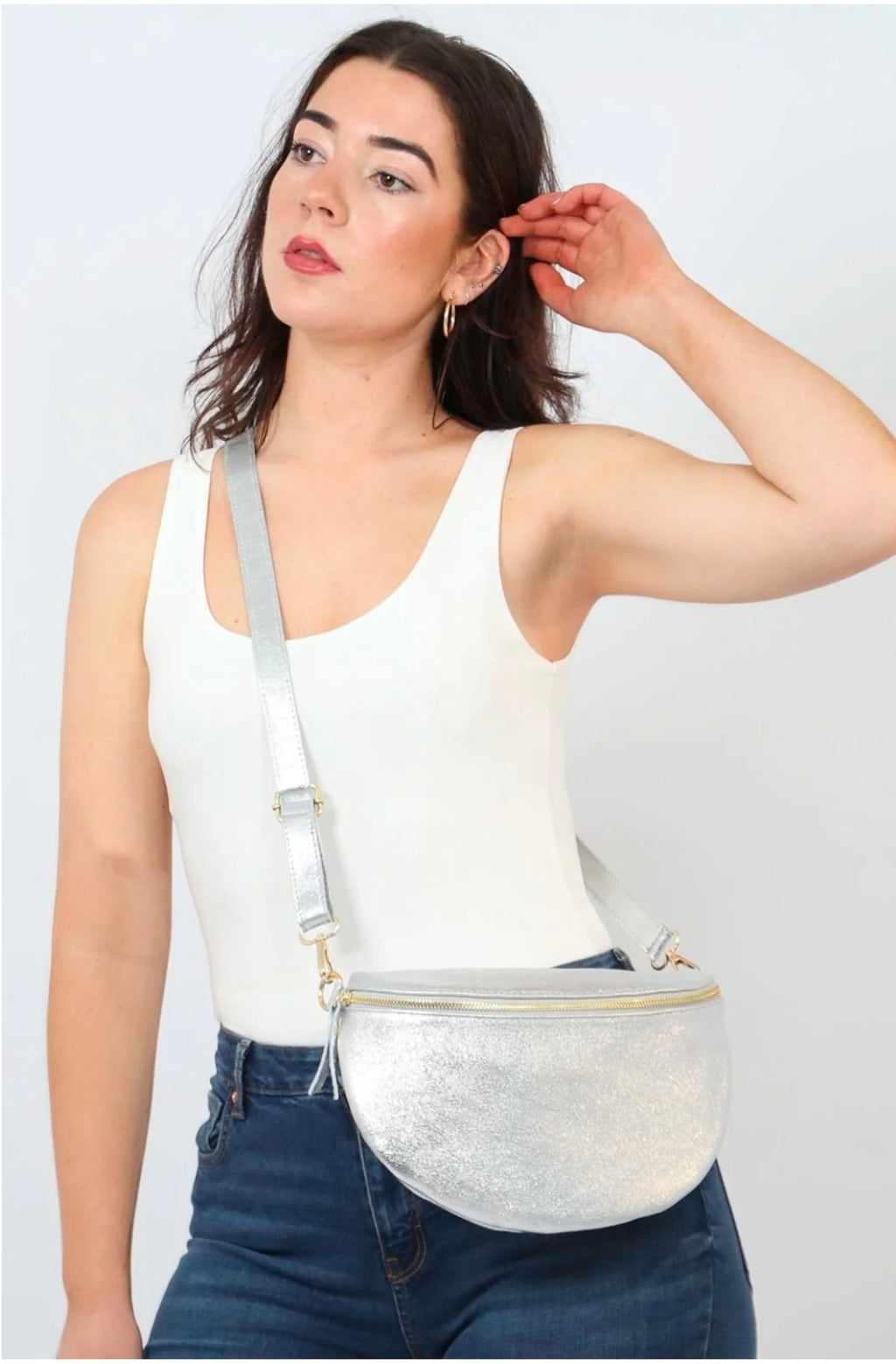 Large Silver Italian Leather Sling Bag
