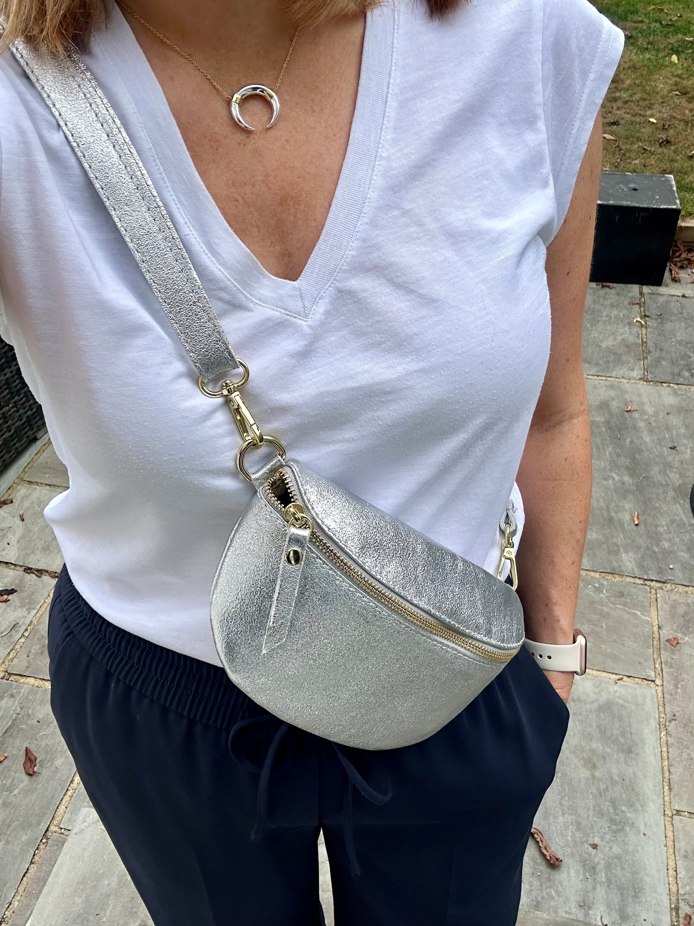 Small Silver Italian Leather Sling Bag