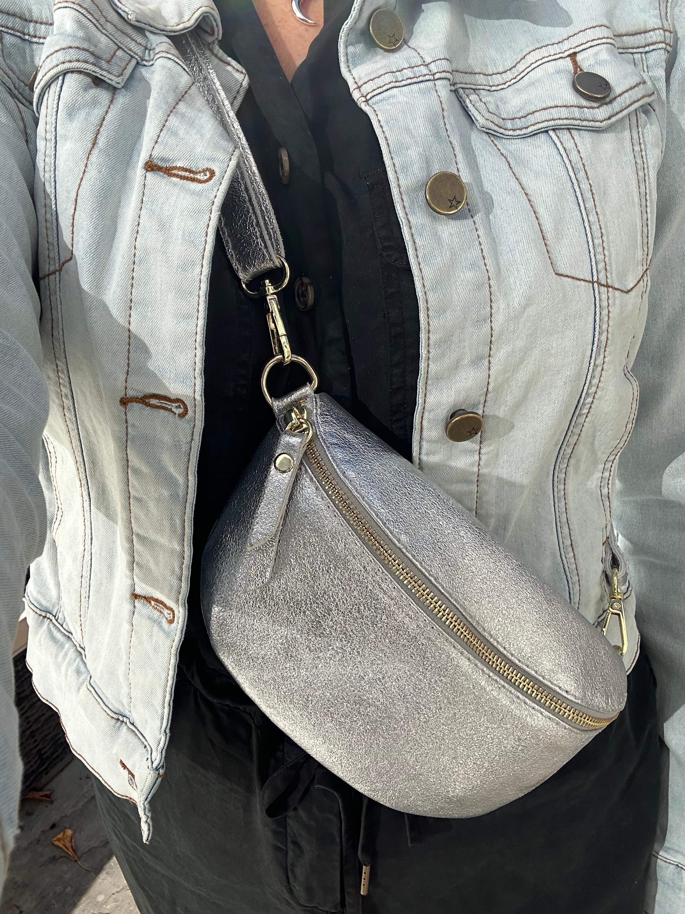 Small Silver Italian Leather Sling Bag