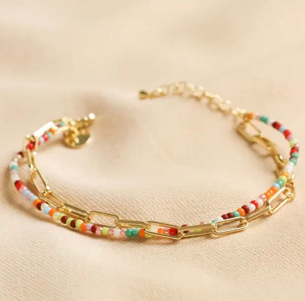 Rainbow Bead and Chain Layered Bracelet