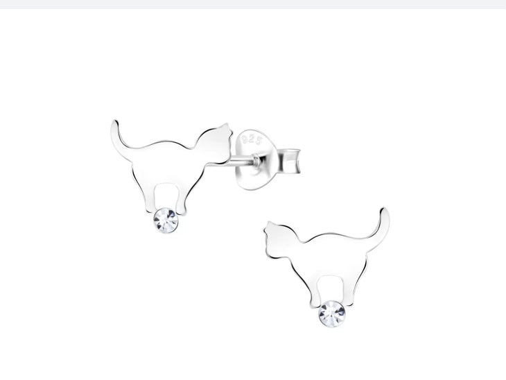 Children's Sterling Silver Cat with Crystal Earrings