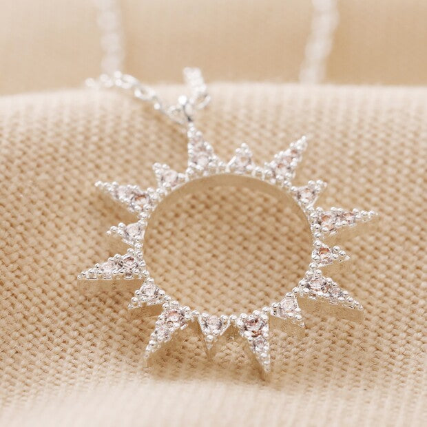Crystal Sunburst Pendant Necklace - Silver