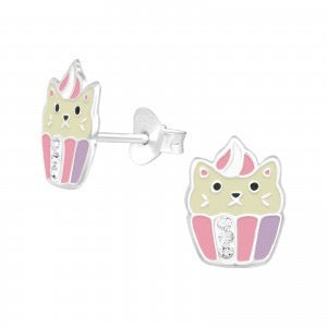 Children's Sterling Silver Cat Cupcake Earrings